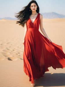 ชุดเดรสยาวคลุมเข่าสีแดง เดรสยาวคลุมเข่าสไตล์วันหยุดชายหาด ผ้าชีฟอง กระโปรงยาวคลุมเข่า เดรสยาวคลุมเข่าสีแดง