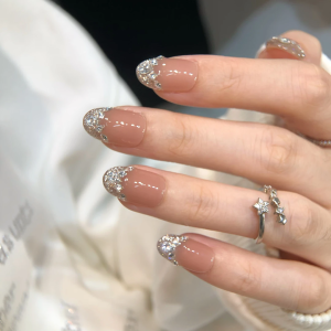 Handmade French Wearable Nail Tips Diamond Fragments White Enhancing Medium Oval High End False Nails Beauty Nail Patches