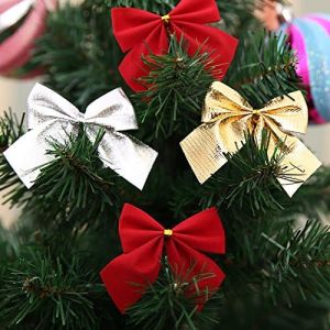 Hoyaa 12pcs Mini Christmas Tree Bow Tie Gold Red Ribbon for Xmas Tree Ornaments Gift Christmas Wreath Decorations