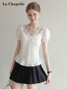La Chapelle | Lace Panel Open-Short Sleeves Slim Fit Bubble Sleeves Wooden Ear Hem Shirt