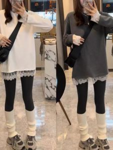 Fleece Lined Lace T-Shirt Womens plus Size Mid-Length Base Layer Shirt Korean Style Commute Fashion Creative Pattern Long Sleeve round Neck