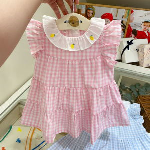 South Korea Childrens Clothing 24 Summer Girl Baby Fashionable Embroidery Lapel Cotton Cloth Gingham Dress Cute Girls Dress