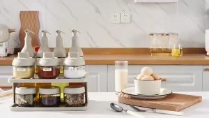 MIZONA Glass Oil Bottle Dispanser Set With Plastic Stand For Kitchen Glass Olive Bottle Spice Jar Set Botol Minyak Dan Bekas Rempah Kaca