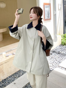 Color Block Design Casual Loose Womens Coat Korean Style Mid-Length Simple Outerwear Polyester Fiber Zipper Closure Long Sleeve