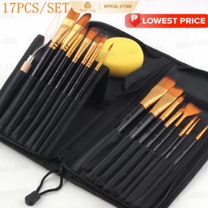 Great-King 17pcs/set Artist Paint Brush Set schoolsupplies – 15 Different Shapes & Sizes – No Shed Bristles – Wood Handles – For Body Paint acrylic paint & Oil