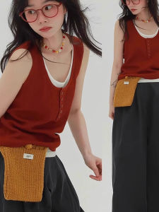 chaqi | French Vintage Red Knitted Ice Silk Sleeveless U-neck Vest Women Summer Outerwear Fake Two-Piece Strapless Top Thin