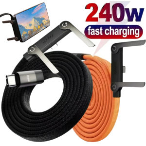 2Pcs 1.5M 240W Super Fast Charging Data Cable Nylon Braided 2-in-1 Folding Stand For IPhone 15/16/17 C To C Charger Cable