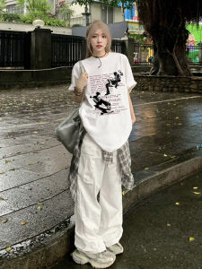 American High Street Fashion Brand Print Short Sleeve White T-Shirt Womens Summer Loose Chic Hong Kong Style Top Stylish Niche Style
