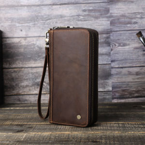 Hiram Genuine Leather Clutch Wallets for Men Vintage Long Zipper Clutch Bags Card Holders Money Clip Coin Purse Mens Bag Handbags