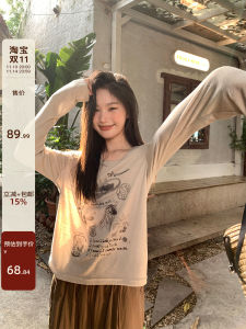 Hello Canon Original Graffiti Print Lightweight Long Sleeve T-Shirt Women Summer 2025 New Loose Slimming Top Polyester Rayon