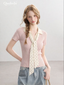 QIAOJIAOYA | Pink False-layered Polo-collar Polka-dot Knitted Short-sleeved T-shirt