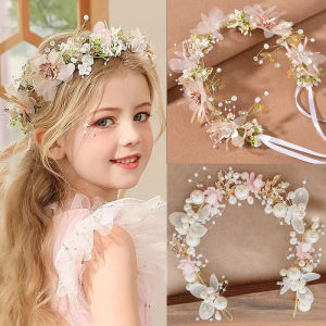 Spring Bohemian Girls Bridal Pearl Hair Headdress Flower Wreath Bride Garland Head Hoop Headbands Hair Jewelry Children Gifts
