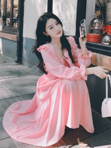 Sweet Pure French Style Spring New Pink Doll Collar Womens Dress with Lace Hemline  And Innocent Long Sleeve Commute