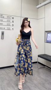 578MALL Korean Overlap Floral Summer Beach Side Slit Wrap Around Sleg Tie Wide Leg Square Pants