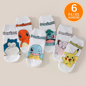 Bandai | 6 Pairs of Fashionable New Pocket Monsters Anime Ankle Socks Cute Cartoon Character Printed Mens and Womens Couple Socks