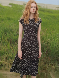 Floral Vintage Lazy Style Round Neck Cap Sleeve Slim Waist A-Line Dress