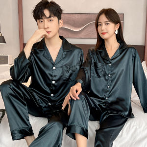 New 2025 Ice Silk Long Sleeve Sleepwear Set Couple Home Clothes Spring Autumn Style Men Summer Women Polyester Spandex Blend