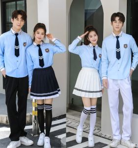 Mens JK Shirt British School Uniform Graduation Performance Outfit Middle School Student Class Uniform Light Blue Long Sleeve