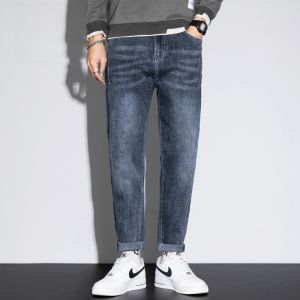 ROMON | Loose Straight Leg Mens Jeans Casual Elastic Youth Trendy Long Pants Autumn New Style Romon Brand Cotton Polyester Blend