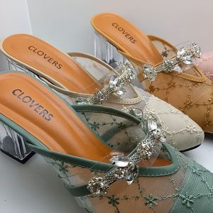 Sendal Slop Kekinian Wanita Burkat Pesta Wedding Pernikahan Tumit Hak Kaca 7 cm Clovers Wanita Terkini Promo