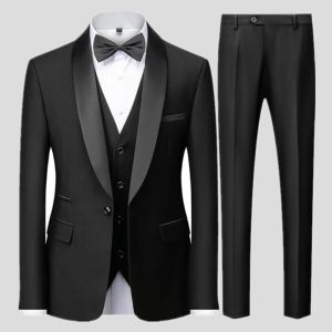 Black Men Autumn Wedding Party Three Pieces Set Large Size Male Blazer Coat Pants and Vest Fashion Slim Fit Suit