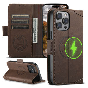 Magnetic Absorption Charging Flip Cover Style iPhone Case with Card Holder Stand Function Protective Leather Jacket for 12/13/14/15/16/17 Models