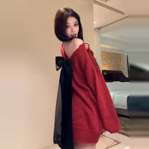 Red Christmas Butterfly Knot Backless V-Neck Sweater Womens Autumn Winter Lazy Style High-End Knitted Top New 2025