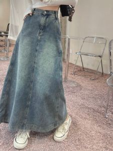 Stylish Niche Style Split Mid Length Long Length Denim Skirt Womens Plus Size Plus Size Ladies Retro Loose Slim Looking Cover Skirt