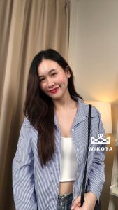 [W0195] เสื้อเชิ้ตคอปกแขนยาวลายทาง เสื้อใส่ทำงาน ใส่ไปเที่ยว ทรงหลวมๆใส่สบาย  แมทช์ง่ายได้ทุกลุค สไตลล์เกาหลี