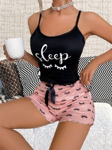 Nữ Lụa Sữa In Pyjama Set Không Tay Spaghetti Dây Yếm Kèm Quần Short Thoải Mái Đồ Ngủ Loungewear Cho Mùa Hè