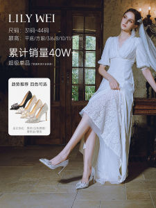 Lily Wei French Style Comfortable Wedding Shoes Beautiful High Heels Single Shoes Large Size Butterfly Knot Embellished