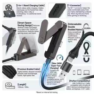 Cáp USB A & Type C 2 Trong 1 Với Giá Đỡ Điện Thoại Xoay Gập Được Hỗ Trợ Sạc Nhanh Và Truyền Dữ Liệu Cho iPhone 17 Samsung PD