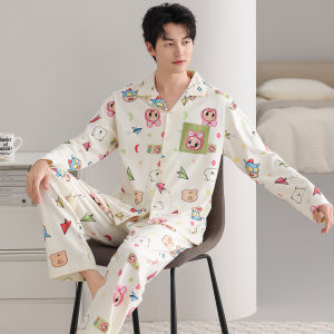 Miiow | Mens Sleepwear Pure Cotton Loose Fit Home Clothes Soft Skin-friendly Casual Style Long Sleeve Open Cardigan Autumn Season