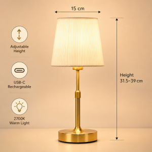 Fabric metal rechargeable touch table lamp 2700K color temp ideal for dining room & bedside decor.