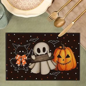 VIKAMA Halloween Hoa Cúc Bí Ngô Mèo Đen Họa Tiết Dơi Placemats Bộ Cho Nhà Bếp Trang Trí Phòng Ăn 4/6/8/10 Chiếc Polyester Không Dệt