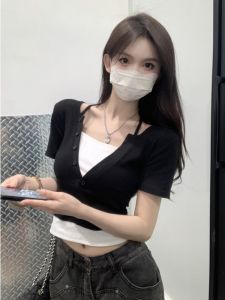 Sweet Cool Spicy Short Sleeve V-neck Hanging Neck Small Shirt Waist Card Summer T-shirt Womens Fashion Design Top Casual Style