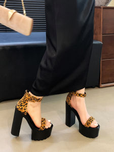 Night Club Leopard Print Open Toe Buckled Chunky Heel Sandals Womens 15cm Super High Heel Womens Shoes Platform Model Catwalk Show Shoes
