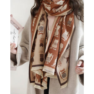 Adorable Cat Double-Sided Thickened Woolen Scarf Womens Winter Fashionable Warm Shoulder Shawl Versatile Stylish Neck Warmer