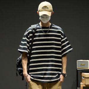 ZHUOKAI | Pure Cotton Heavyweight T-Shirt American Loose Striped Short Sleeve