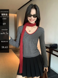 Pusumede Color Block V-Neck Striped Long Sleeve Womens T-Shirt Slim Fit Knitted Base Shirt Top Fashion Sensation