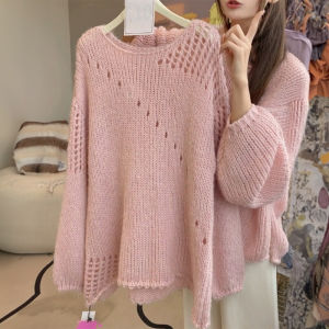 Chic Lazy Womens Knitted Hollow out Sweater Pink Long Sleeve round Neck Regular Length Sheep Cashmere 1% Autumn Fashion