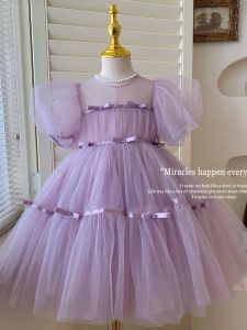 ชุดเดรสเด็กผู้หญิงสีม่วงสไตล์เจ้าหญิง ชุดวันเกิด ชุดเดรสผ้าโปร่งสีม่วง ชุดเด็กผู้หญิง ชุดวันเกิด เดรสยาว ชุดเด็กผู้หญิง