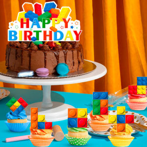 Building Blocks Cake Topper 24 Pcs Building Block Birthday Party Cupcake Toppers + 1 Pcs Building Block Birthday Cake Topper