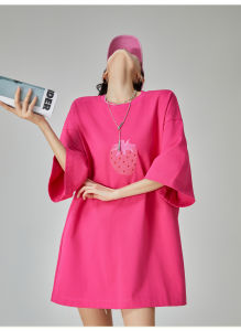 Dopamine Pink Strawberry Embroidery Long Short Sleeve T-Shirt Dress Summer New Loose Casual Skirt Polyester Fabric Midi Dress