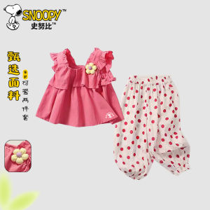 Snoopy Girls Summer Outfit Polka Dot Floral Two-Piece Sweet Child Clothing Set Thin Fabric Casual Wear for Ages 1-12