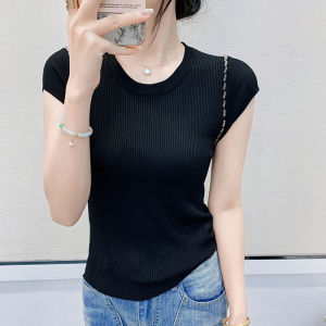 Yimei 2025 Mùa Xuân/cổ tròn mùa hè móng tay hạt Áo thun tay ngắn cho phụ nữ thời trang co giãn ôm gọn len áo len áo hồng xu hướng