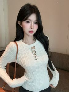 GUZILIAN | Korean Style Long Sleeve Hollow Out Knitted Sweater Womens Inner Wear Pure Desire Twisted Design Super Cute Office Commute Fashion