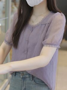 Elegant Short Sleeve Shirt Womens Fashionable Embellished 3D Trendy Slimming Cardigan Top Korean Style Casual Wear