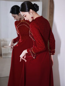 Red Chinese Cheongsam Engagement Dress Long Sleeve Wedding Dress Autumn Winter Formal Dress Womens Long Sleeve Marriage Dress