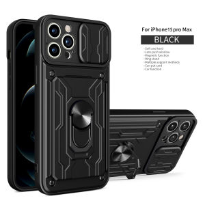 Case For iPhone 15 14 13 Pro Max X XSMax XR 8 7 Plus SE 2022 Slide Stand Ring 360 Magnetic Camera Military Grade Card Slot Cover